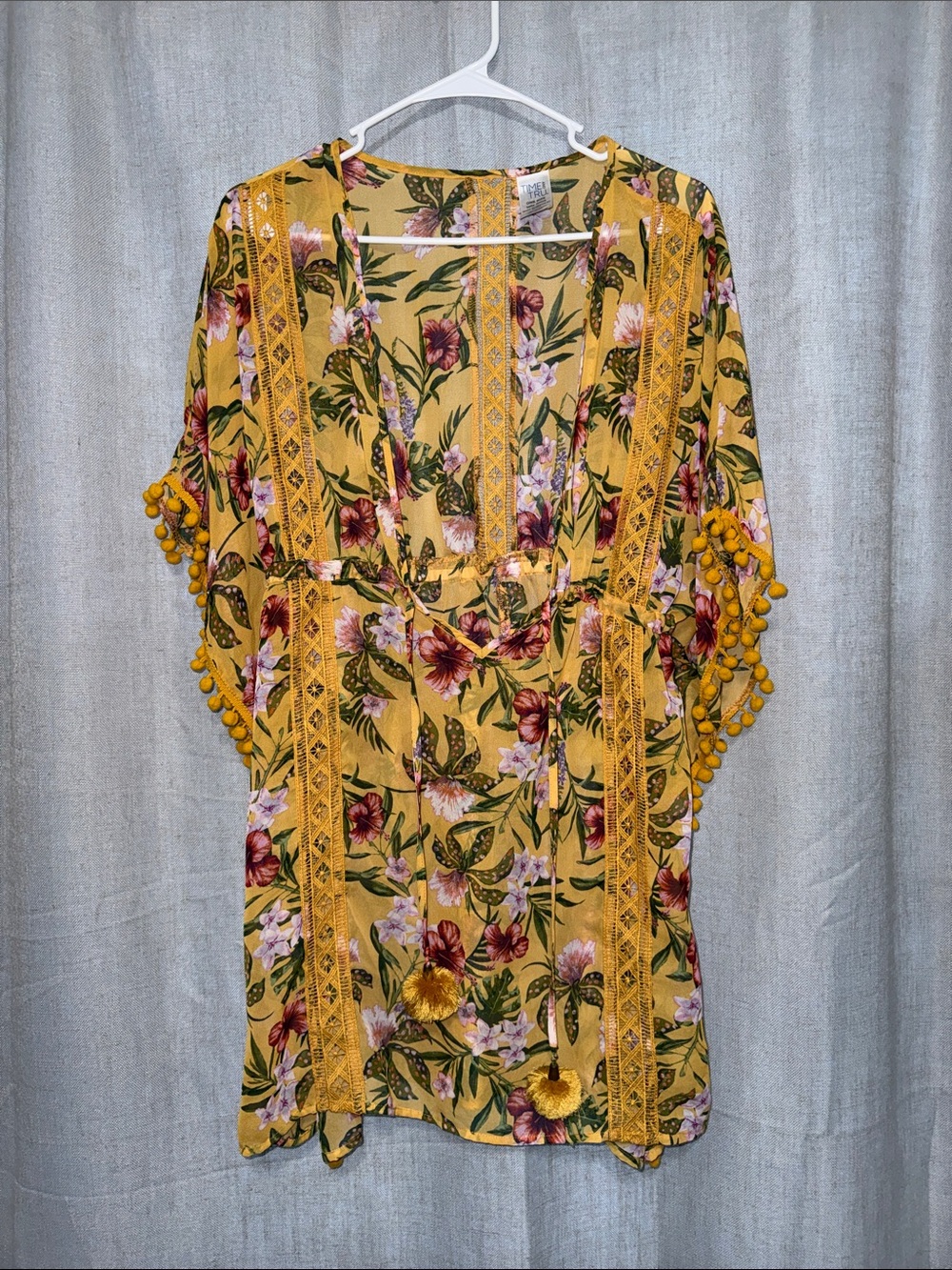 Time and Tru Mustard Floral Pom-Pom Kimono Cover Up